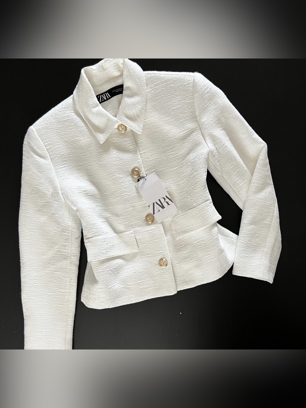 Zara White Textured Cropped Blazer with Gold Buttons